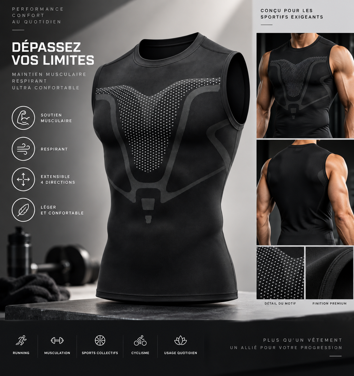 Débardeur de compression ATHLEX – maintien du torse et du ventre